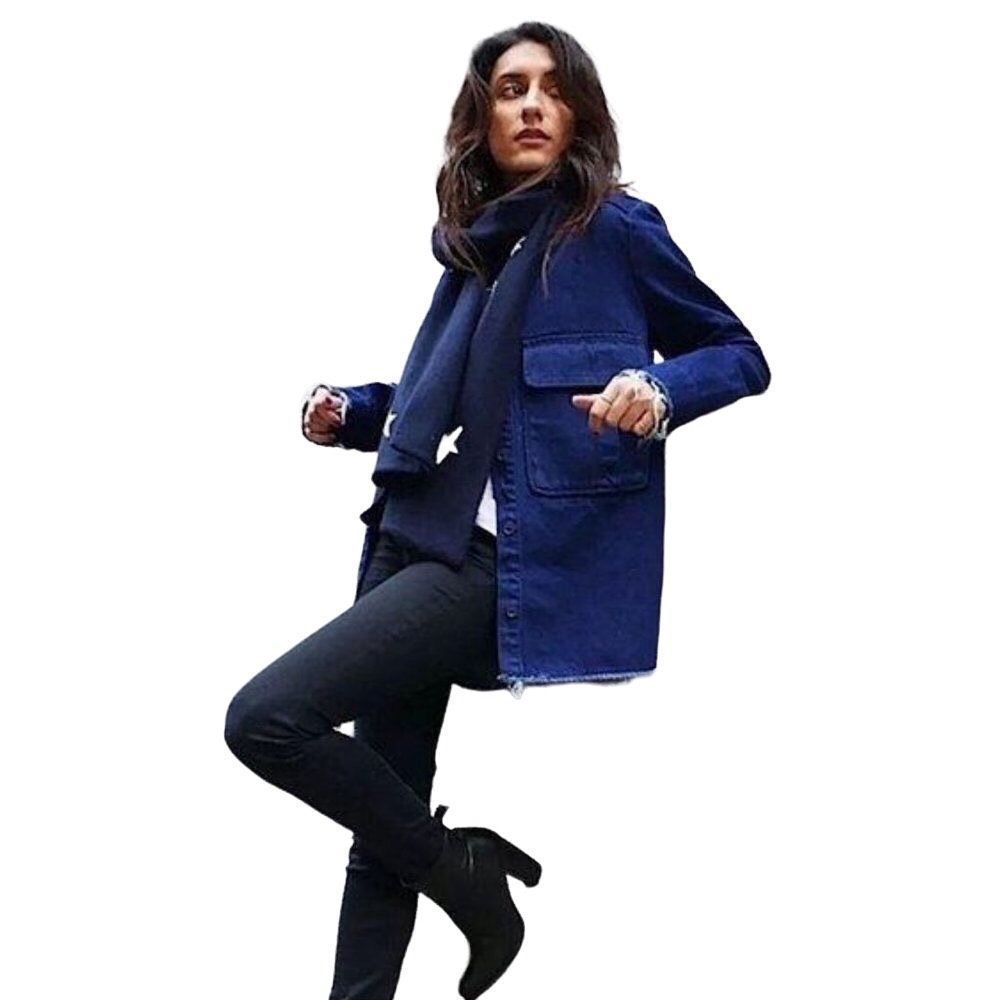 ZARA NWT Oversized Denim Shacket No Collar Button Jeans Jacket Sz S